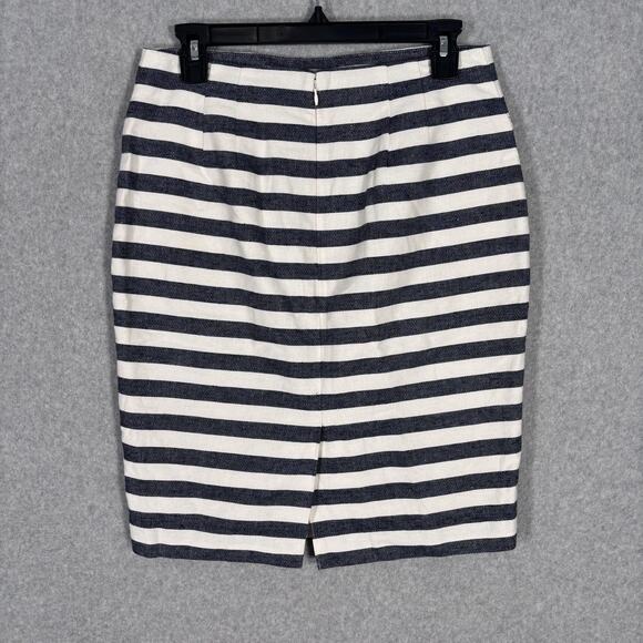 Ann Taylor Pencil Skirt 6 Gray Navy White Linen Cotton Zipper Pockets Nautical - Picture 7 of 13
